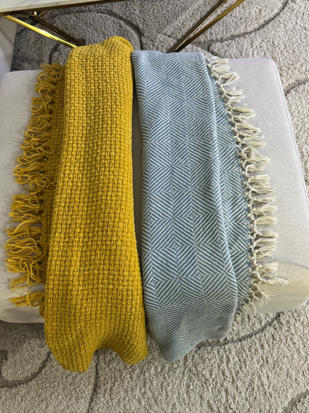 Woven Throw Blankets - Mustard Yellow and Blue Diamond Pattern