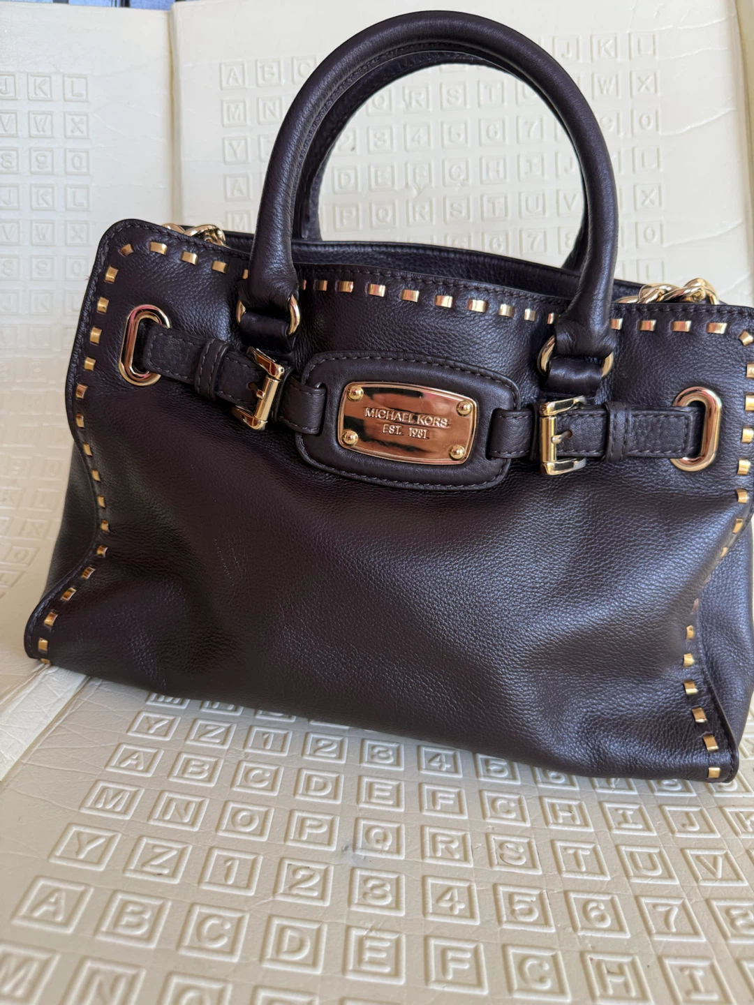 Michael Kors Dark Brown Leather Studded Satchel Bag