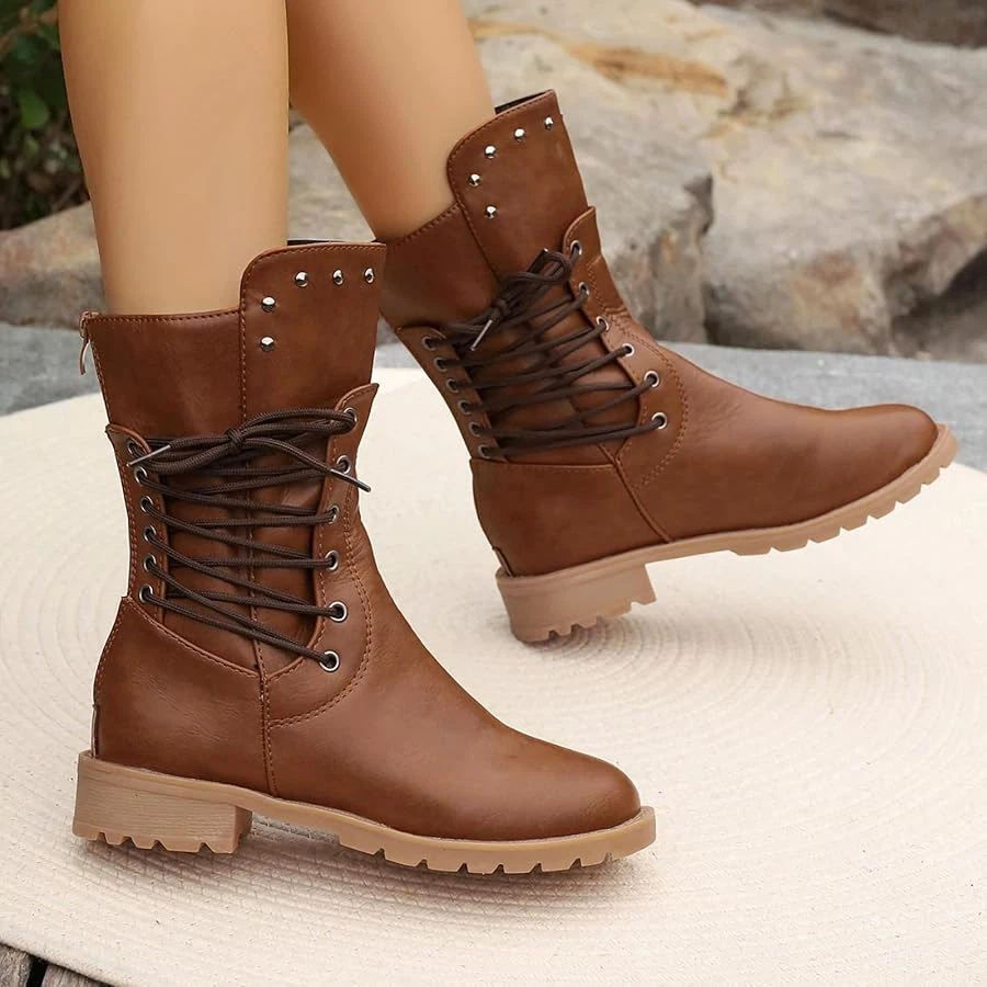 Brown Faux Leather Lace-Up Boots