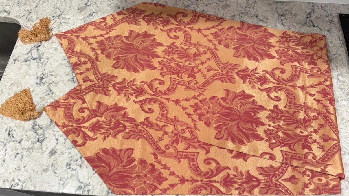 Waterford Damask Table Runner Burgundy & Gold w/ Tassels