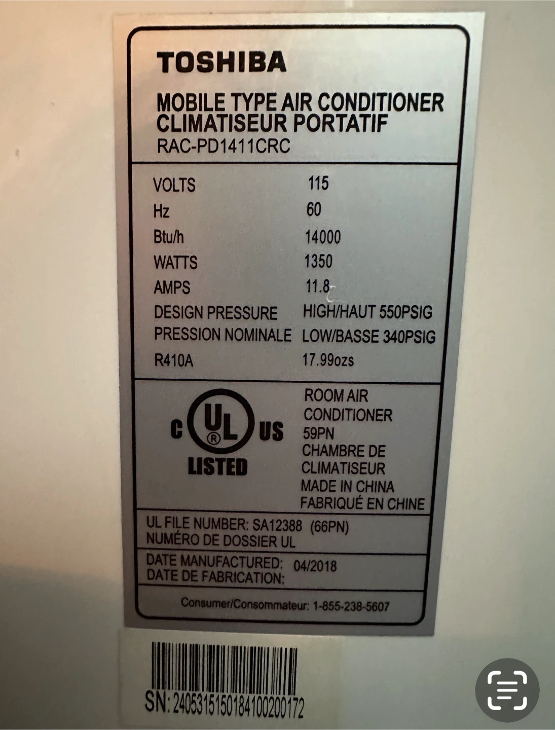 Toshiba Portable Air Conditioner RAC-PD1411CRC - photo 3