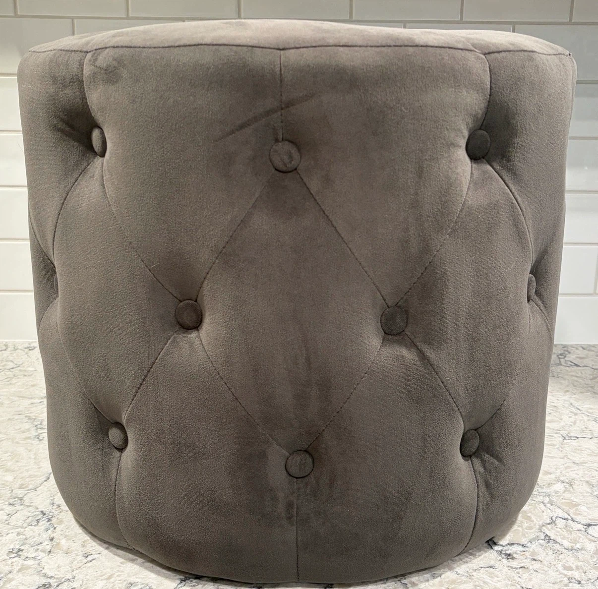 Modern Tufted Round Ottoman/Vanity Stool –Grey Velvet Style