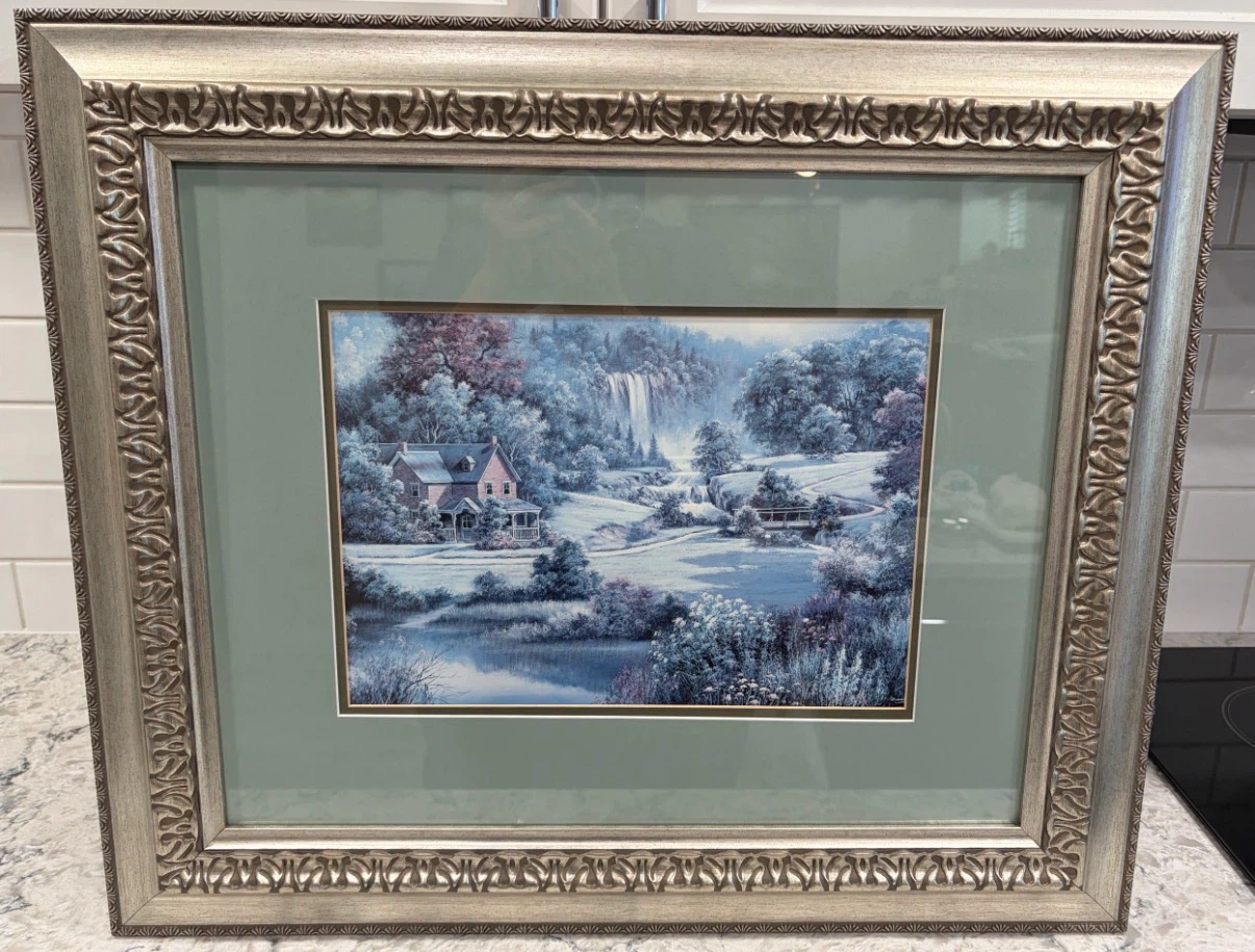 Framed Cottage & Waterfall Landscape Print