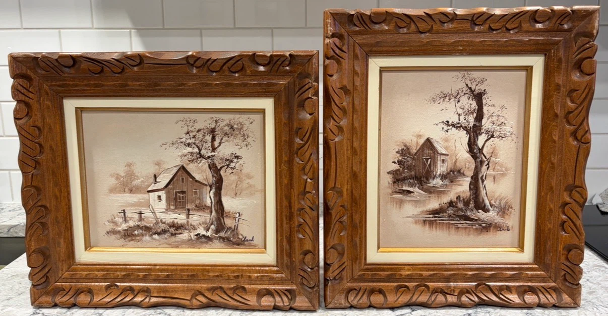 Vintage Signed Clark Oil Paintings in Hand-Carved Wooden Frames
