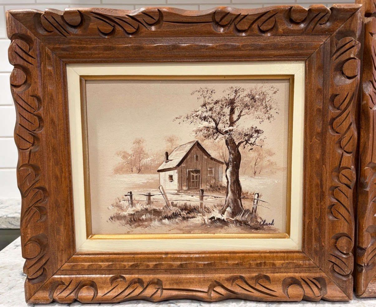 Vintage Signed Clark Oil Paintings in Hand-Carved Wooden Frames - photo 2