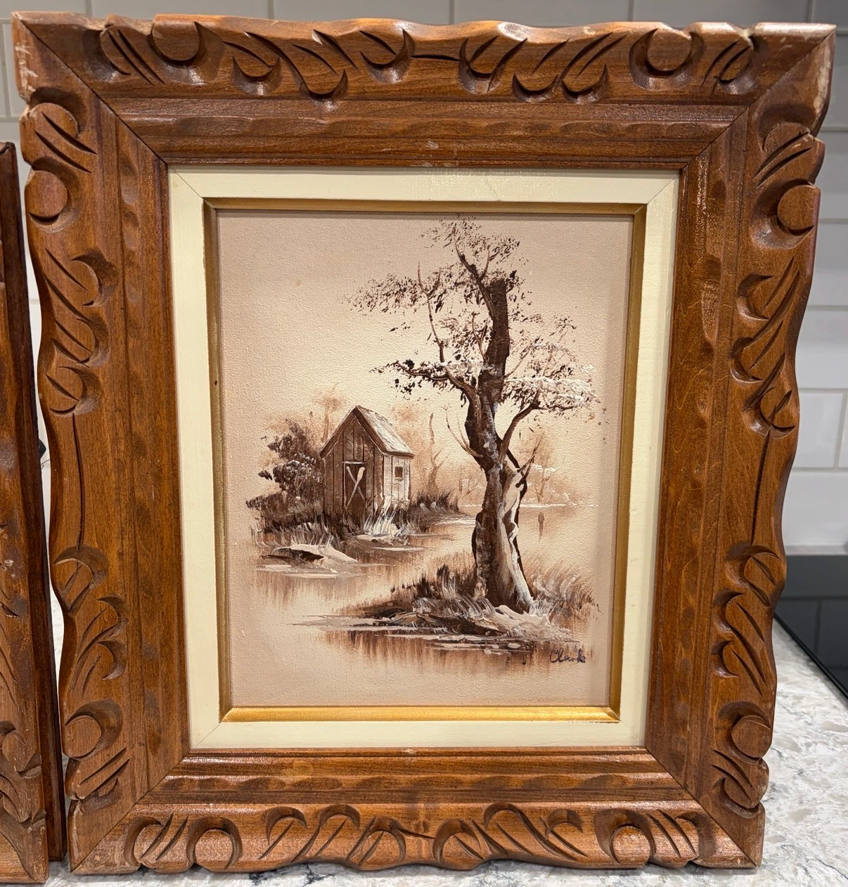 Vintage Signed Clark Oil Paintings in Hand-Carved Wooden Frames - photo 3