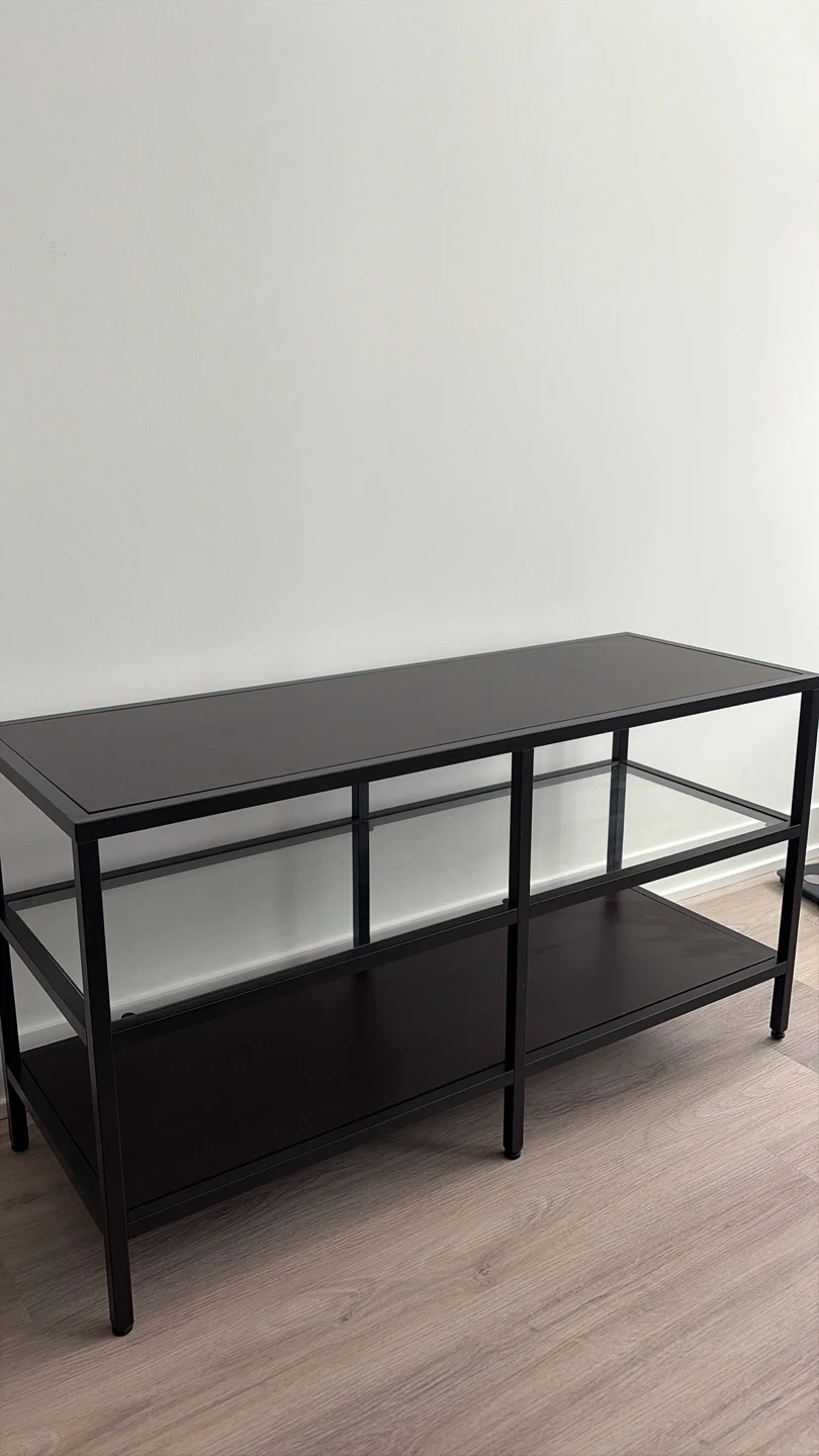 Black Metal and Wood TV Stand with Glass Shelves - photo 4