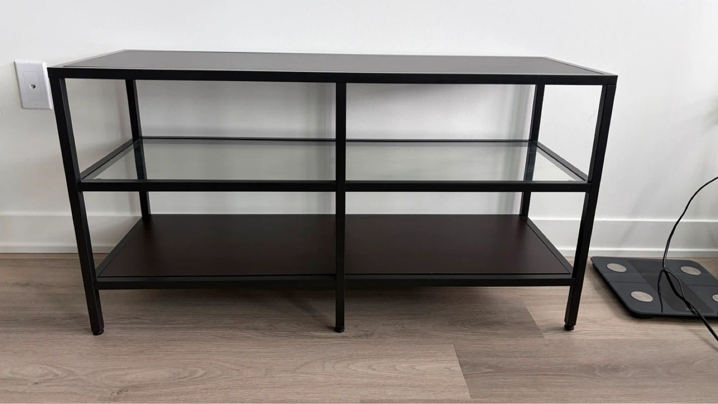 Black Metal and Wood TV Stand with Glass Shelves - photo 3
