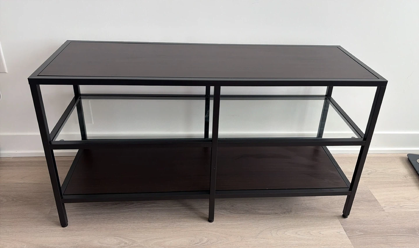 Black Metal and Wood TV Stand with Glass Shelves - photo 5