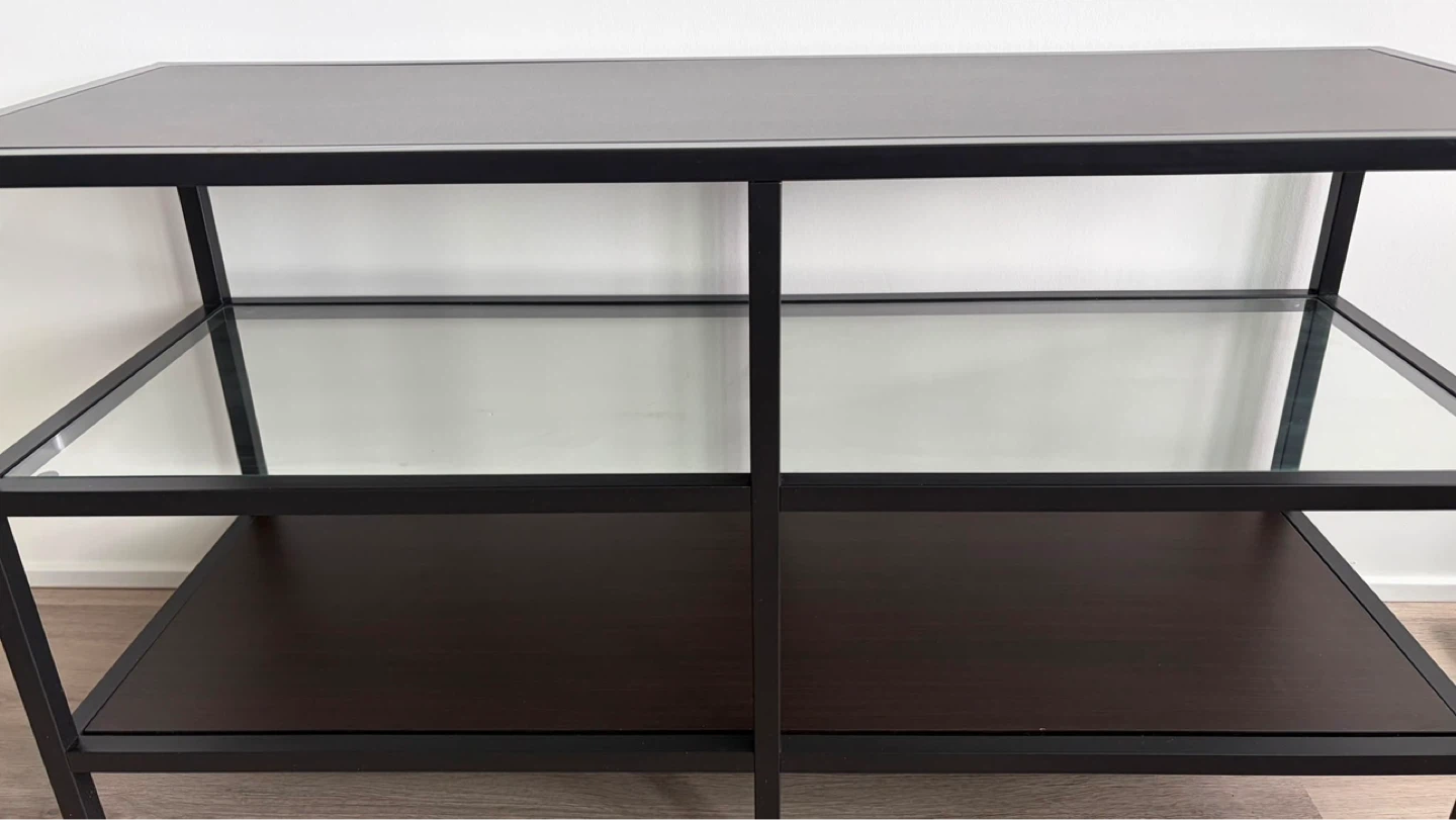 Black Metal and Wood TV Stand with Glass Shelves - photo 2