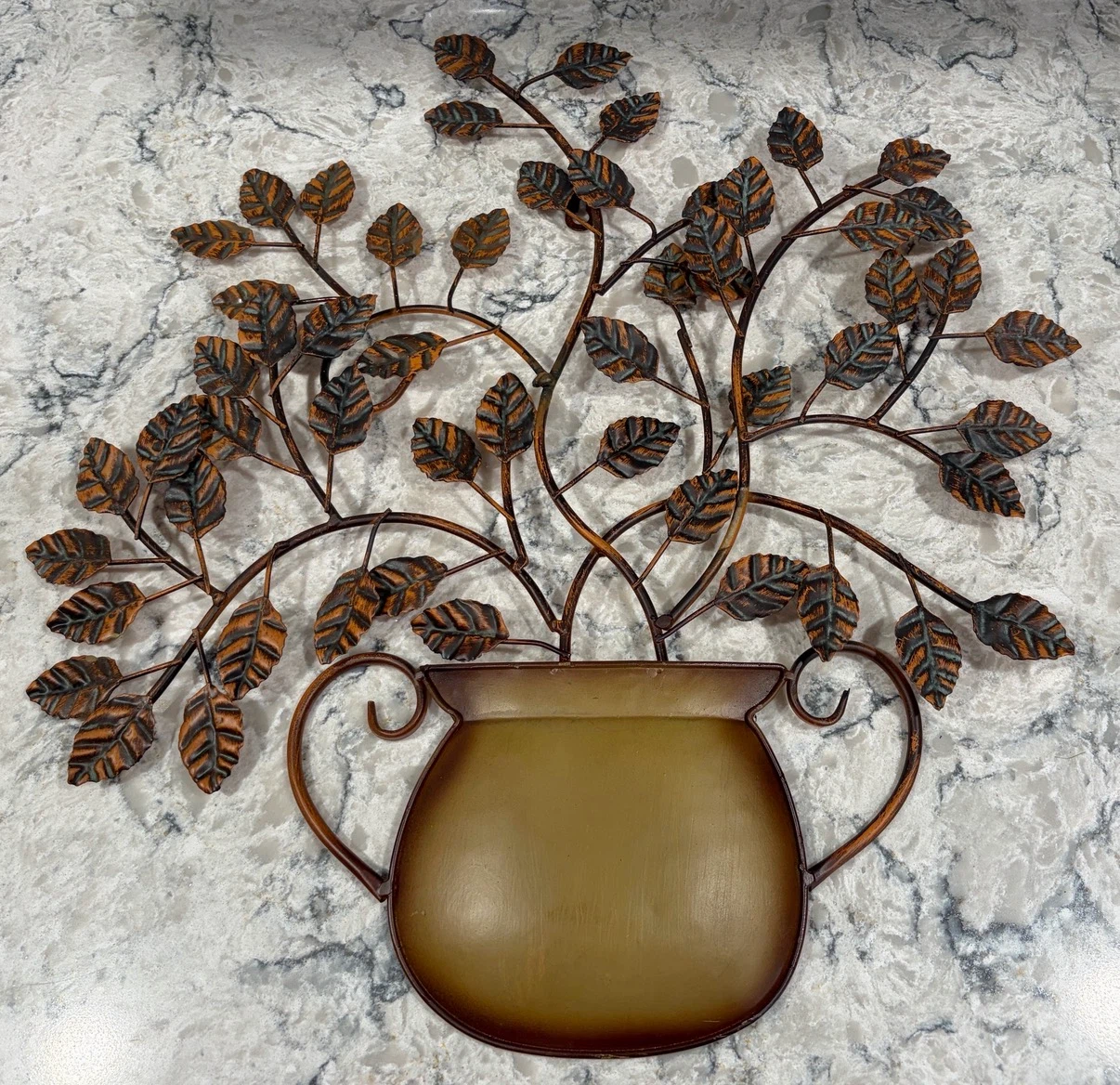 Rustic Metal Wall Art Vase with Leaves - Wrought Iron Style