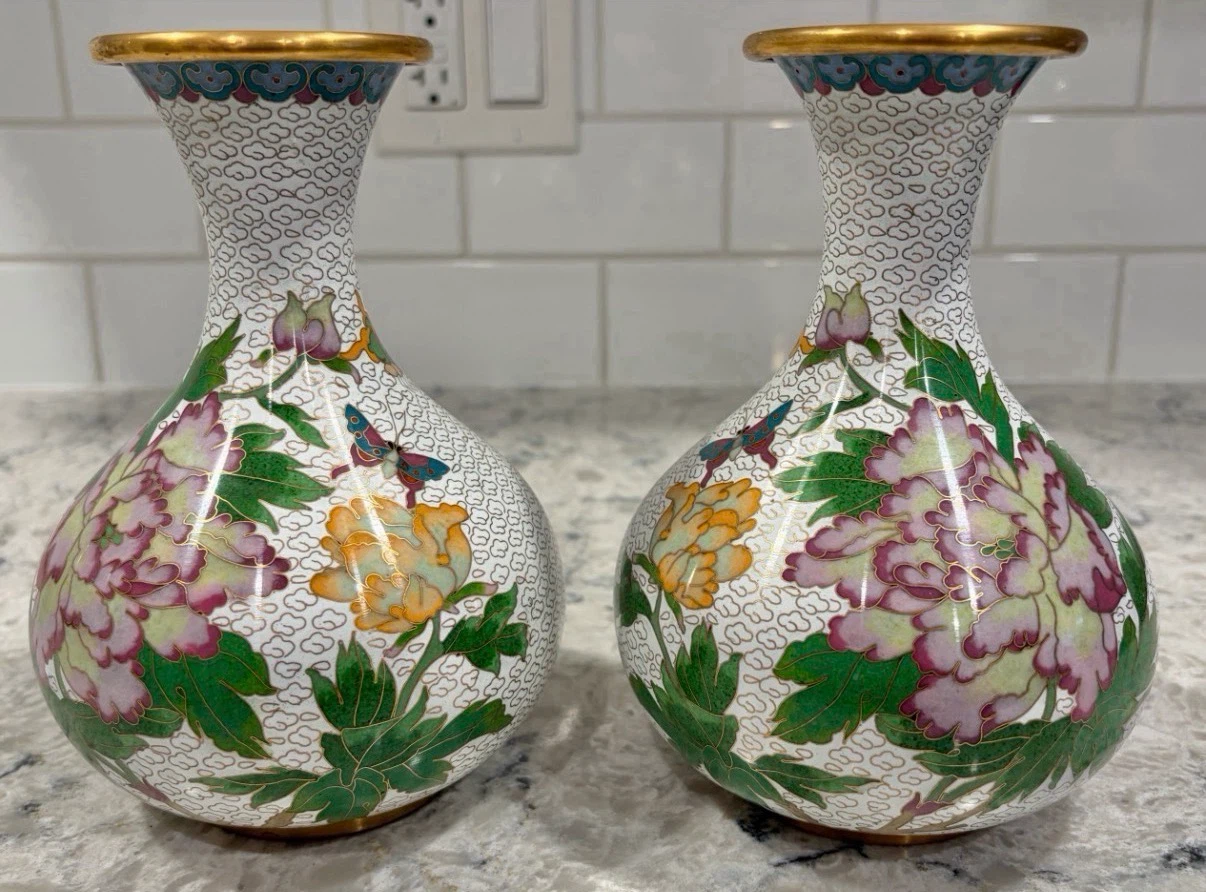 Vintage Cloisonné Enamel Vase Pair – Brass Asian Decor 7”