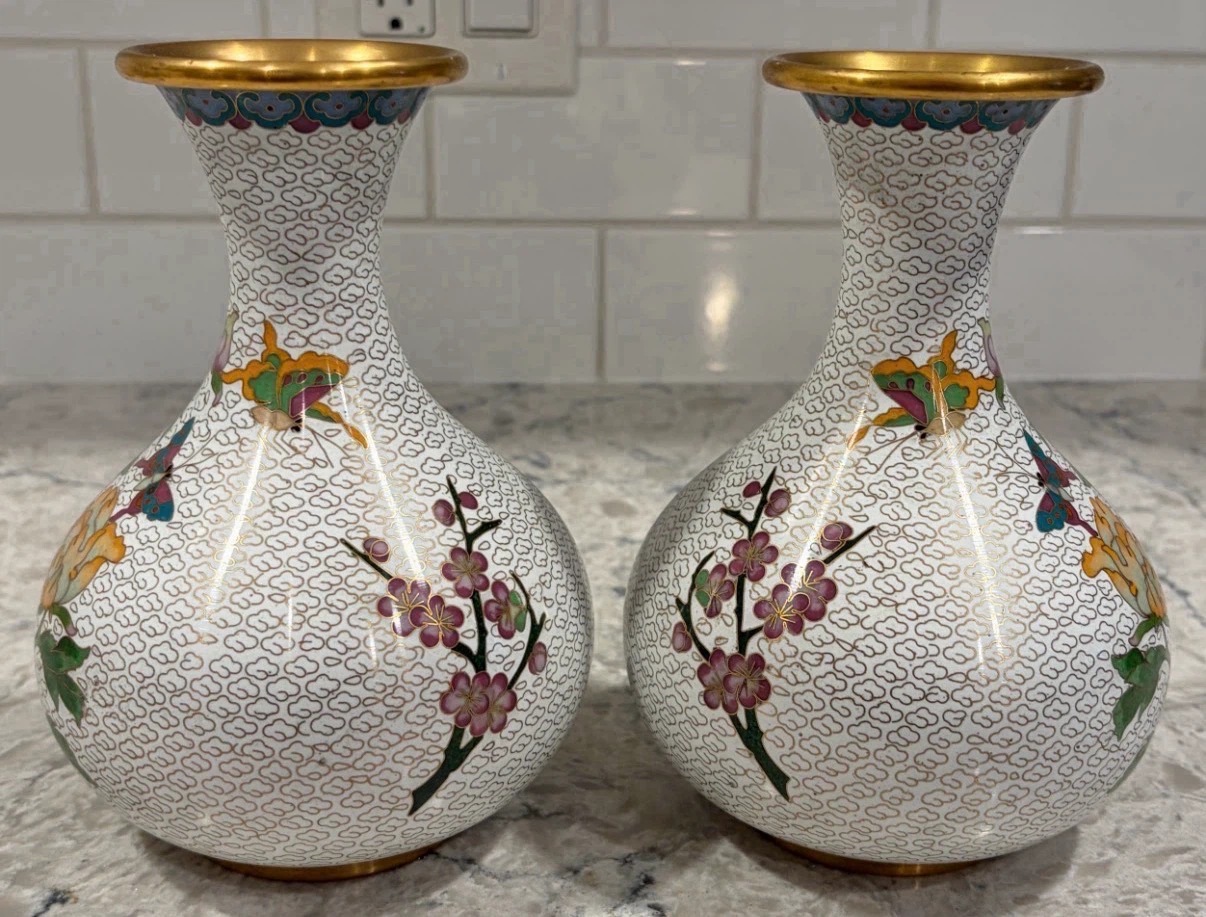 Vintage Cloisonné Enamel Vase Pair – Brass Asian Decor 7” - photo 2