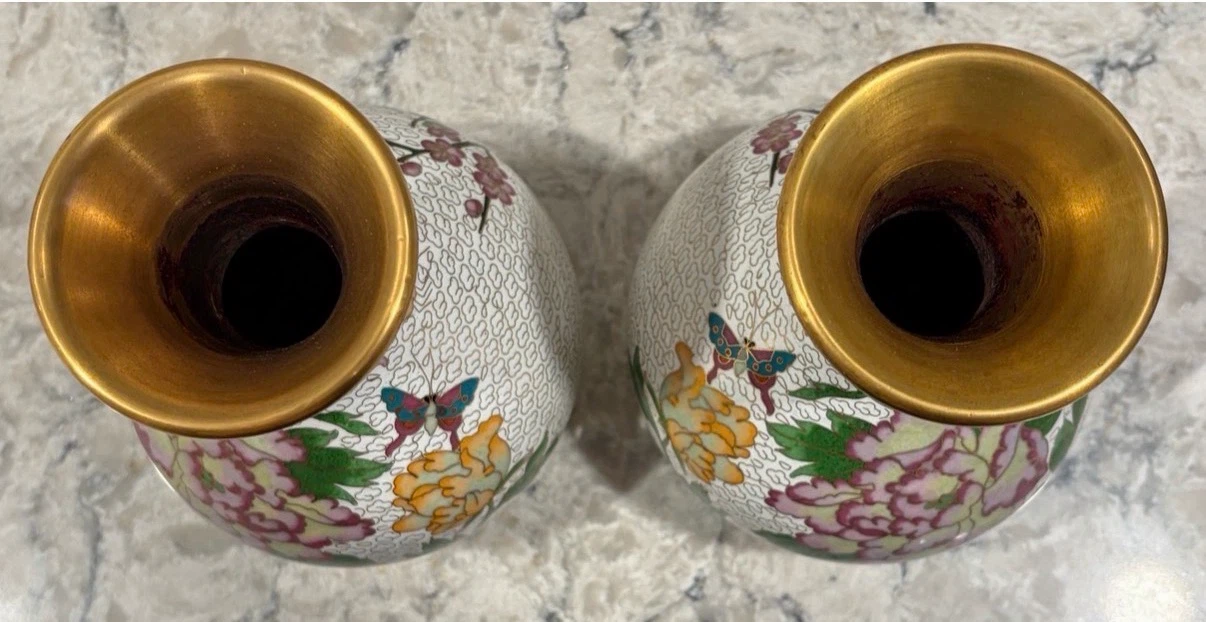 Vintage Cloisonné Enamel Vase Pair – Brass Asian Decor 7” - photo 3