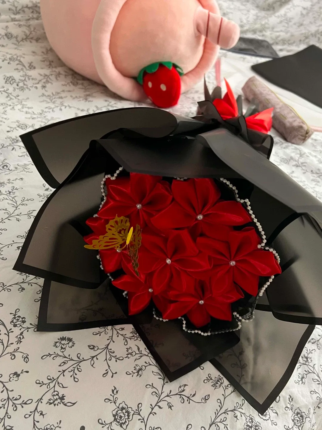 Red Fabric Flower Bouquet with Butterfly