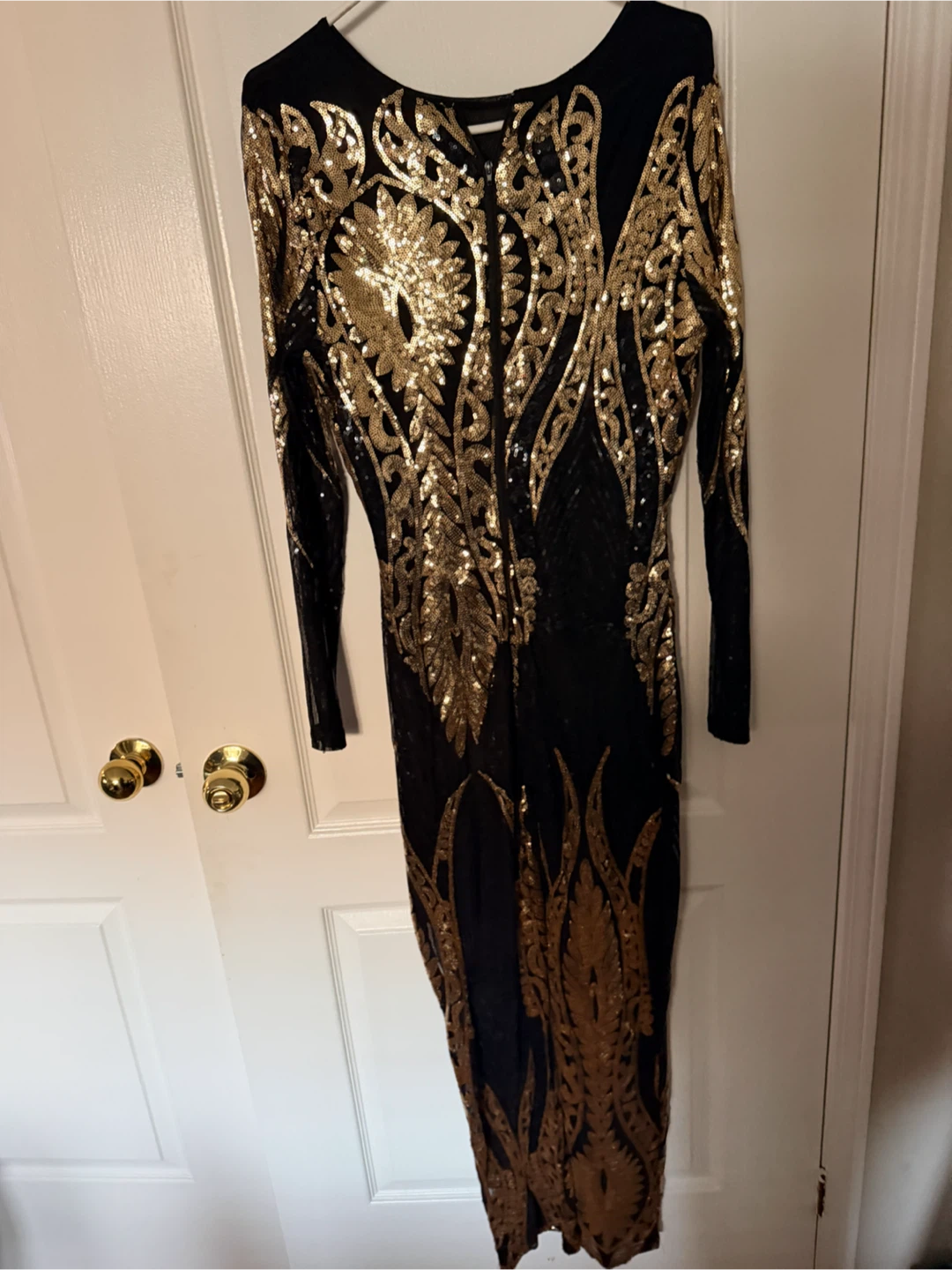 Black sequin dress with gold embellishments