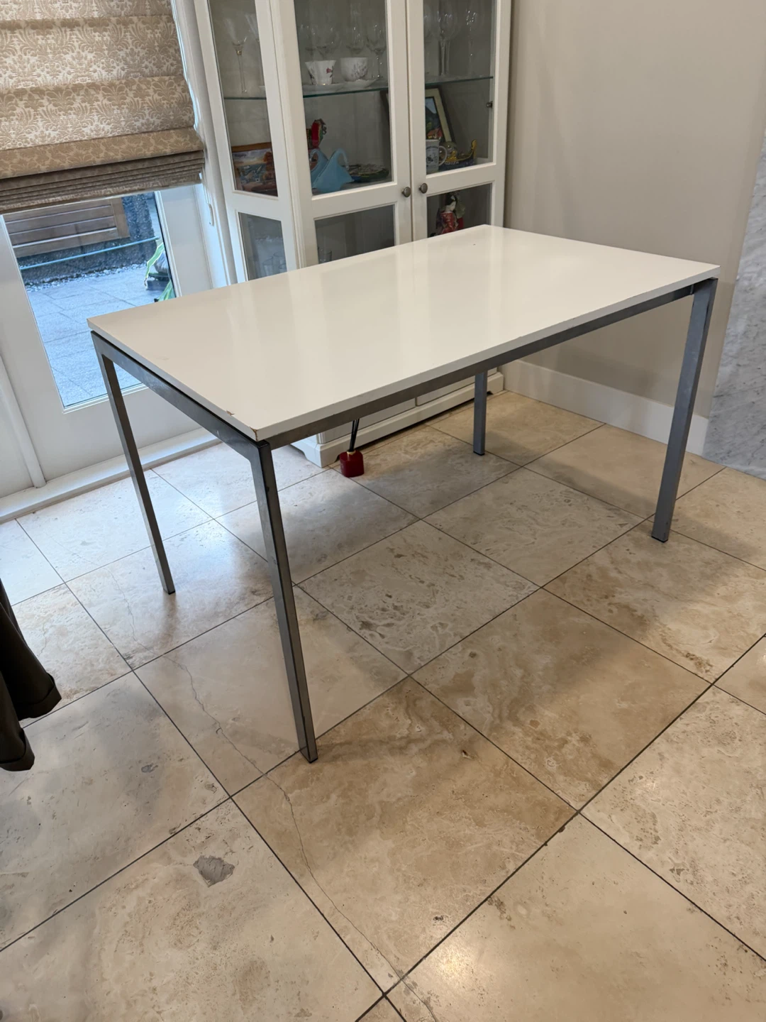 White rectangular table with metal frame