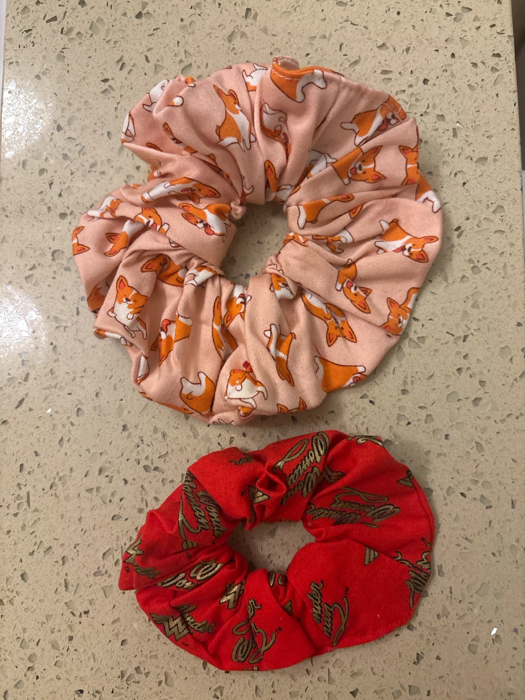 2 Unused Scrunchies - Corgi Print & Red Script