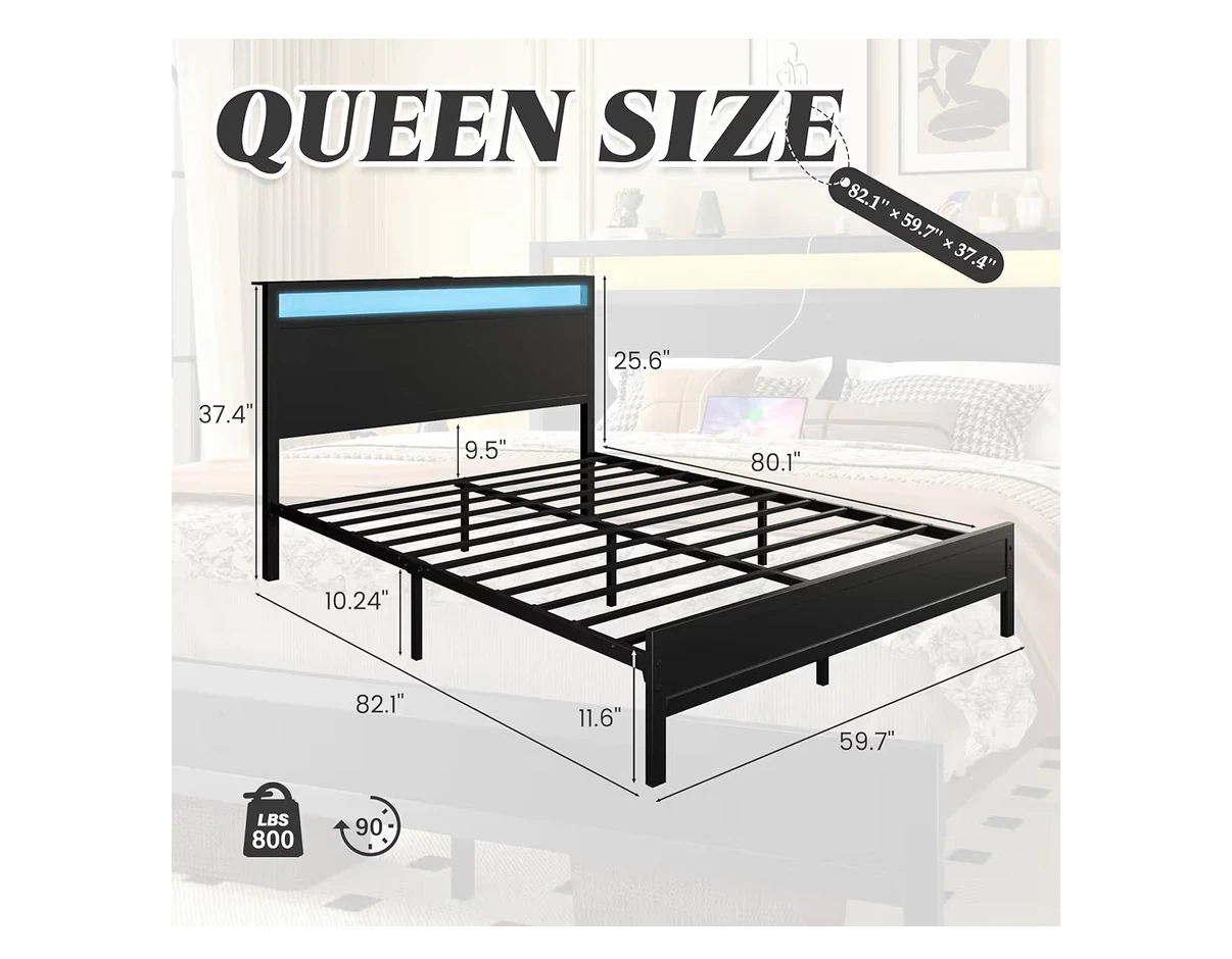 Queen Size Bed Frame with LED Headboard