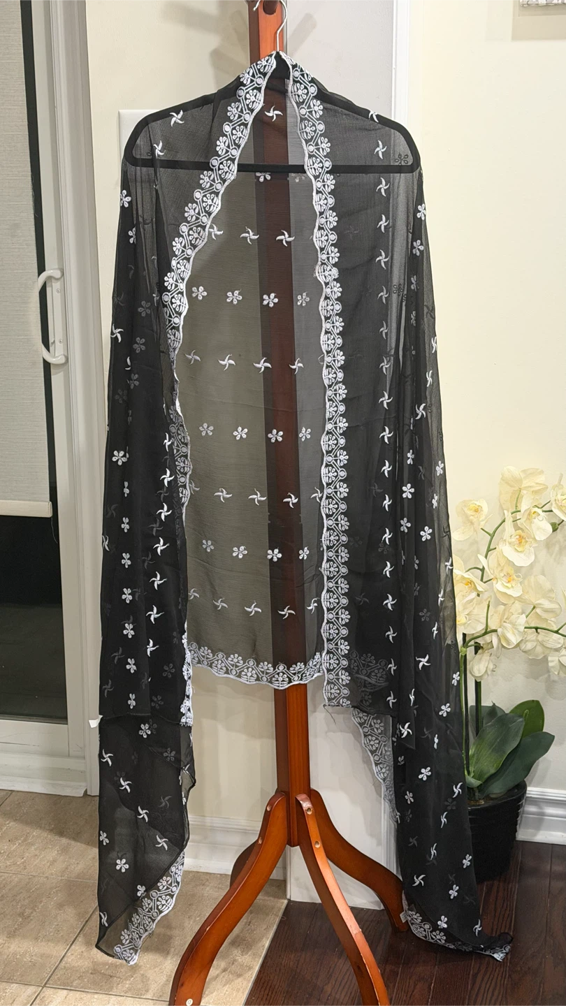 Black pure chiffon embroidered scarf/dupatta