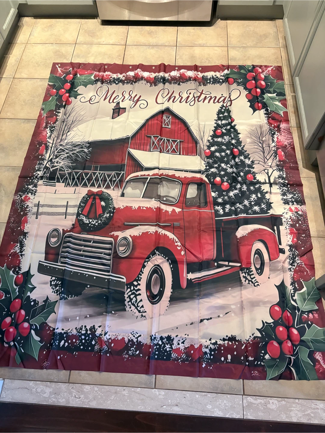 Merry Christmas Shower Curtain with Red Truck and Barn