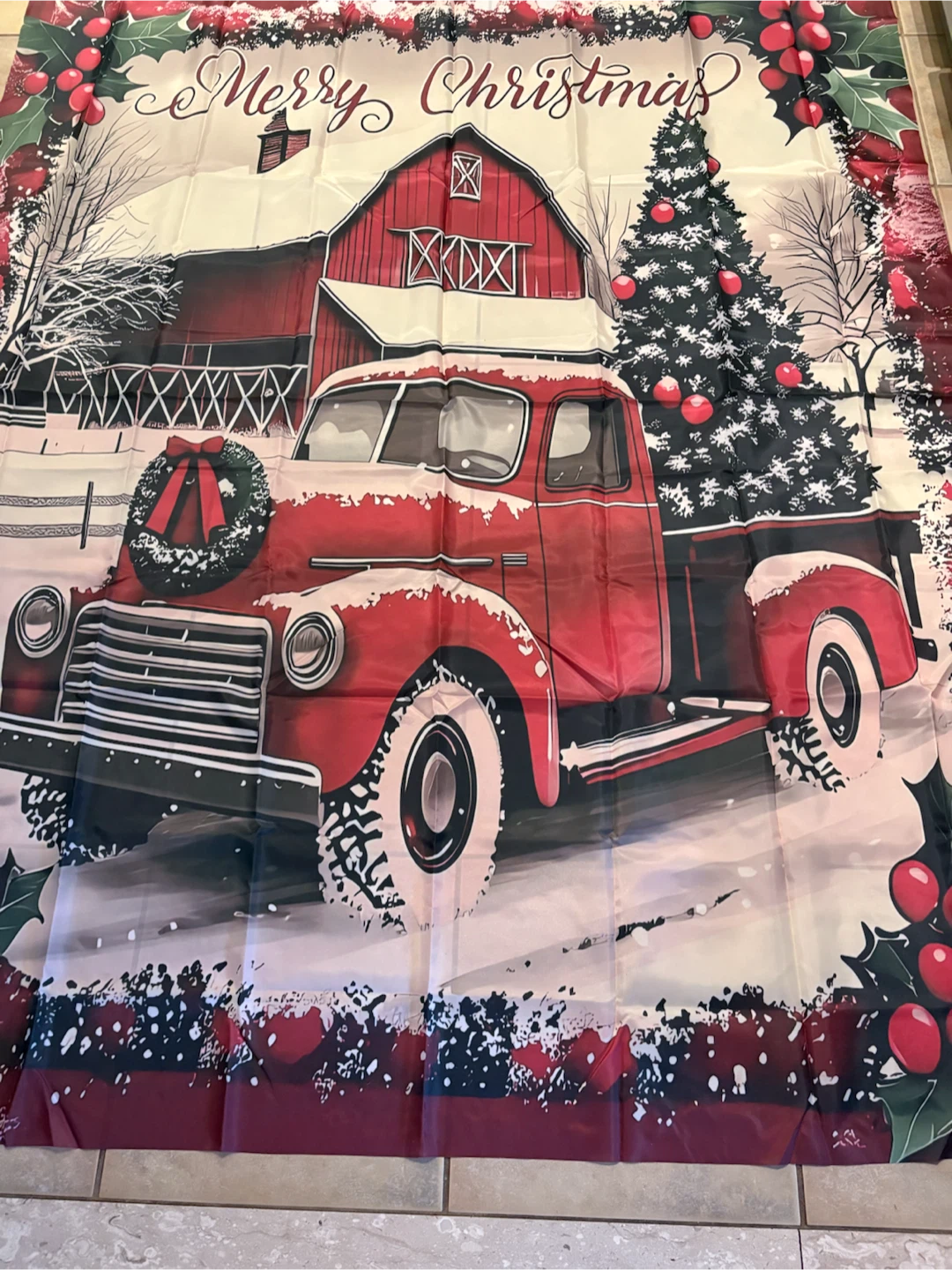 Merry Christmas Shower Curtain with Red Truck and Barn - photo 4