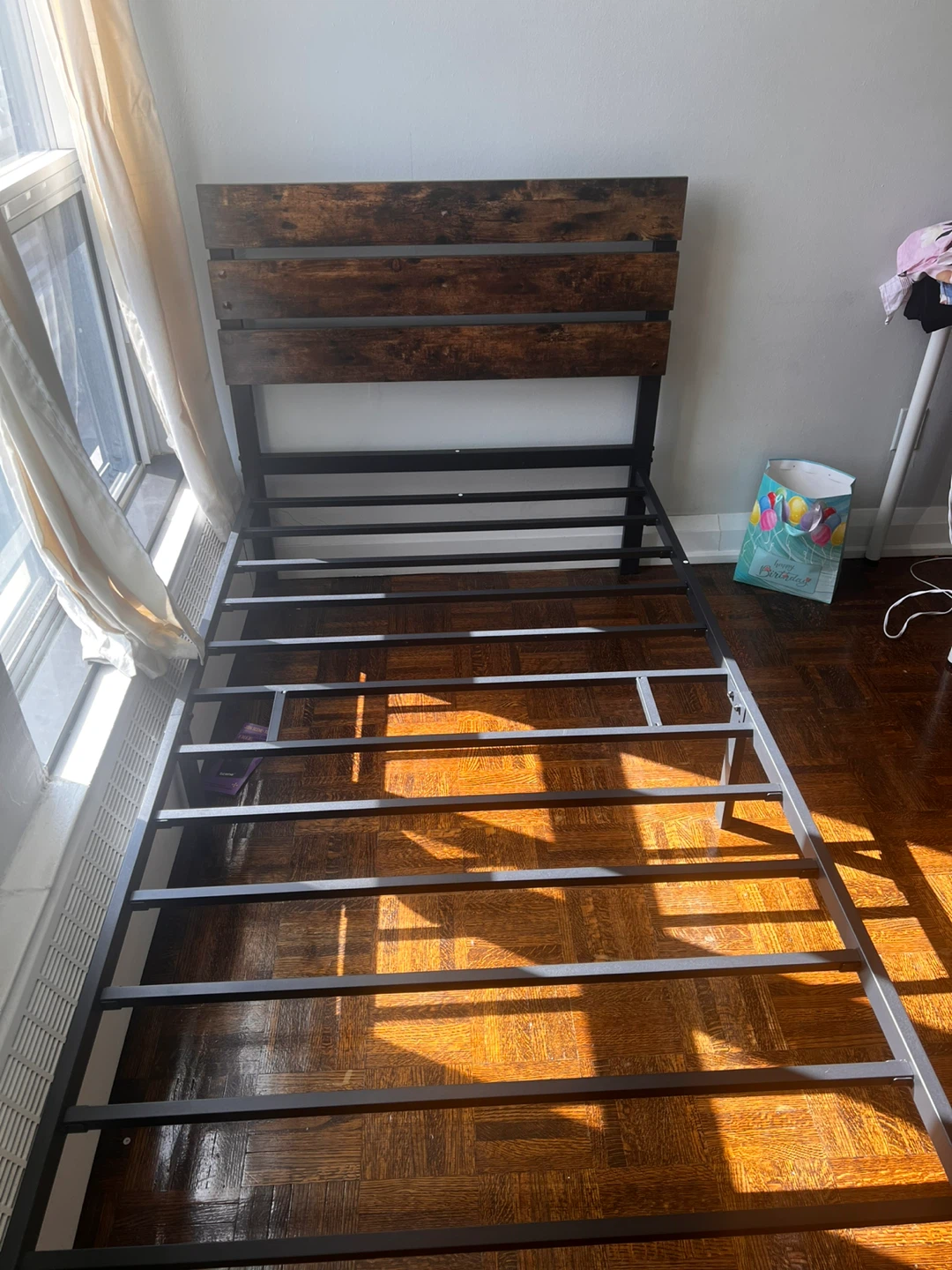 Twin Metal Bed Frame with Wooden Headboard