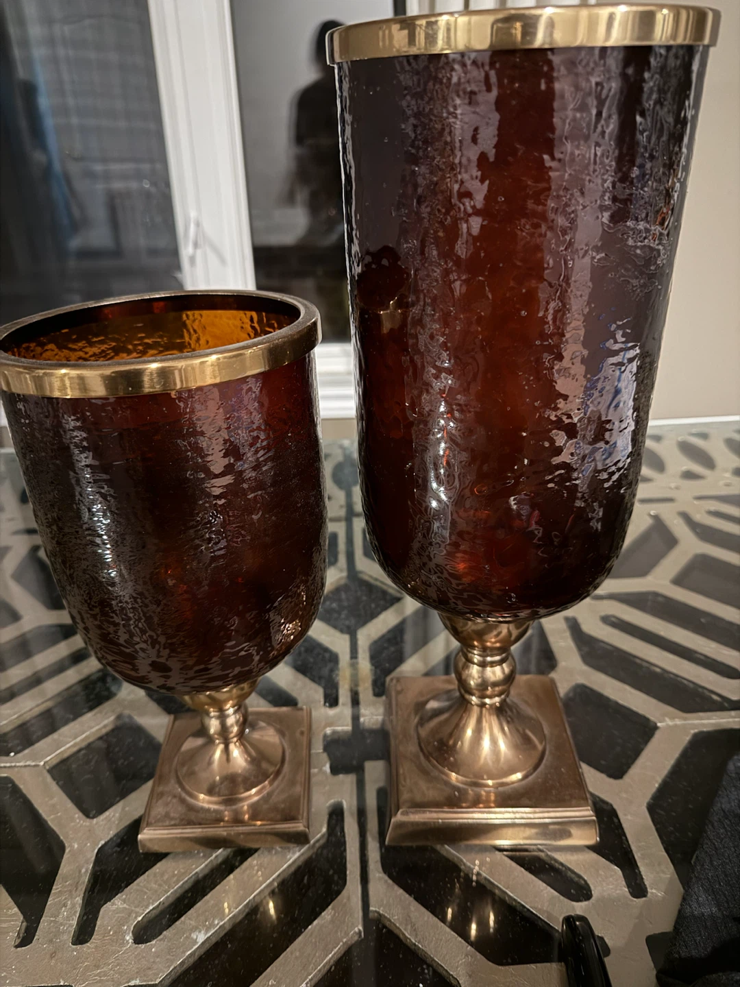 Pair of Amber Glass and Brass Pedestal Vases