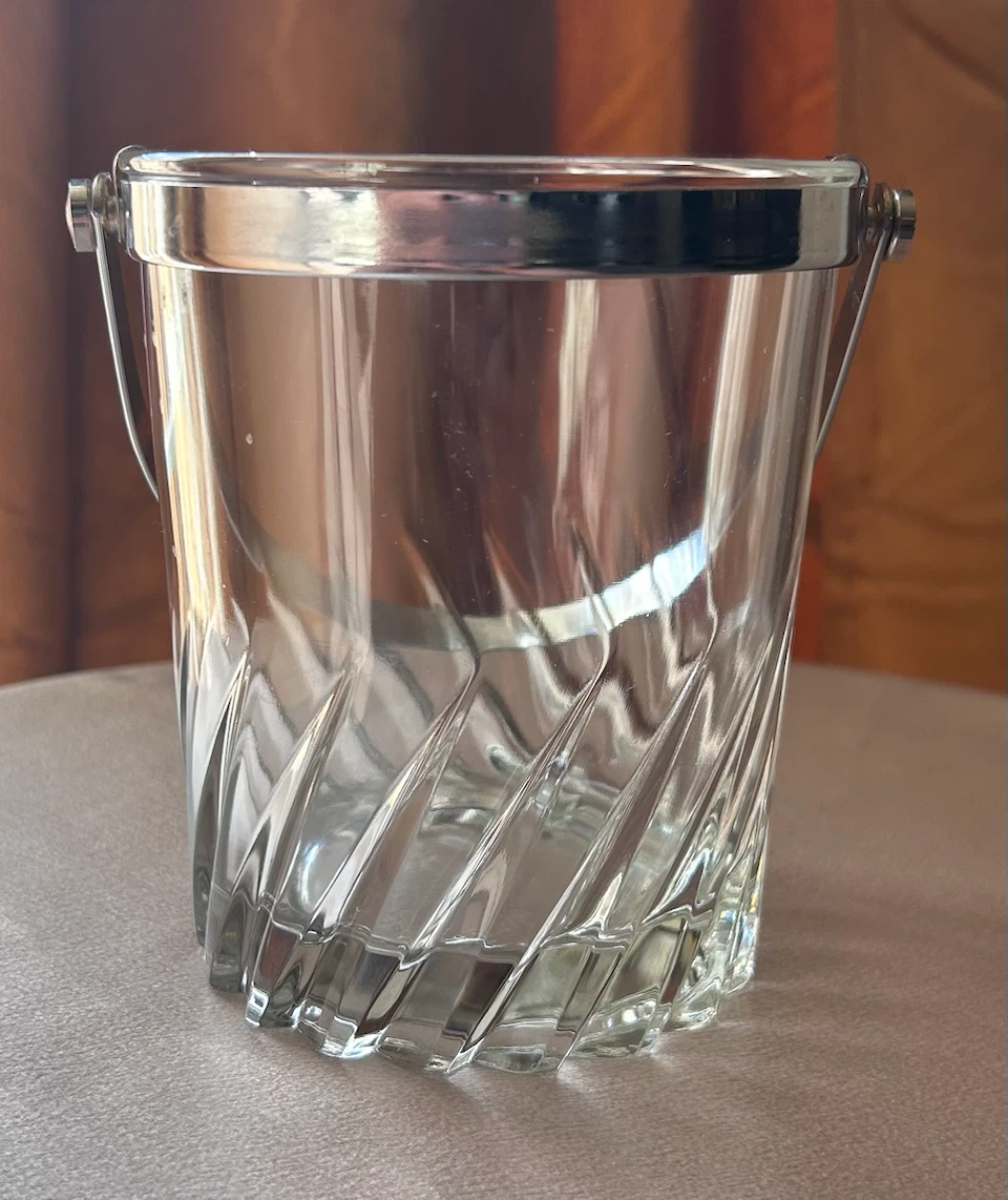 Vintage Glass Ice Bucket with Silver-Tone Rim