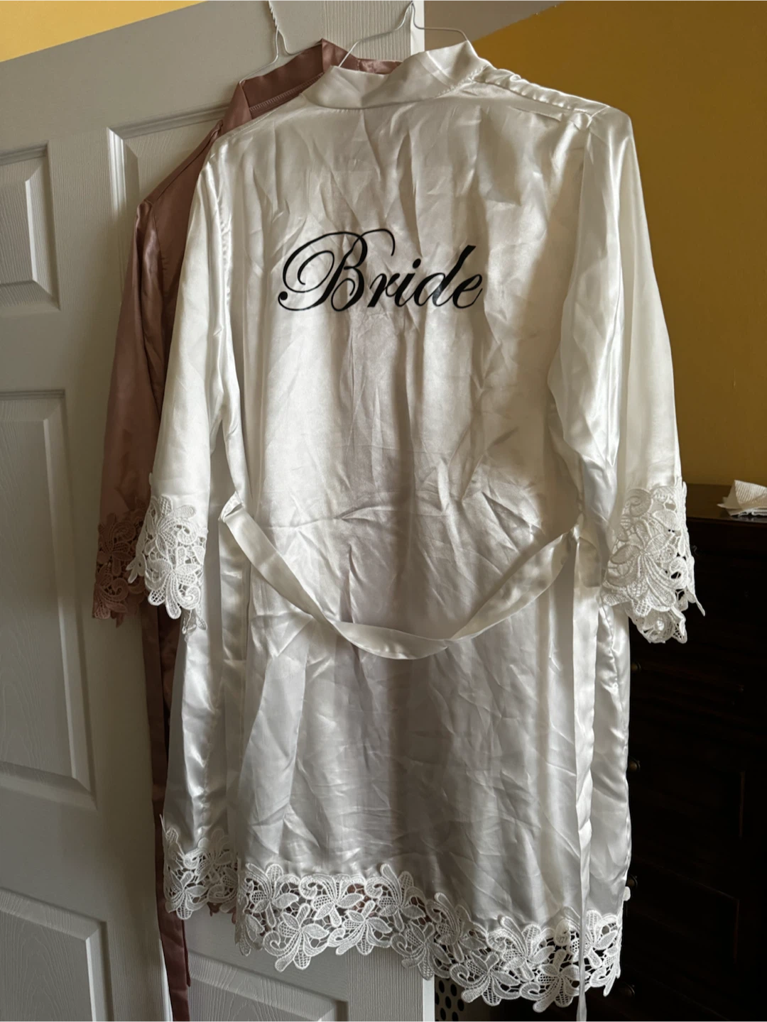 Bride and Bride's made Satin Robe with Lace Trim