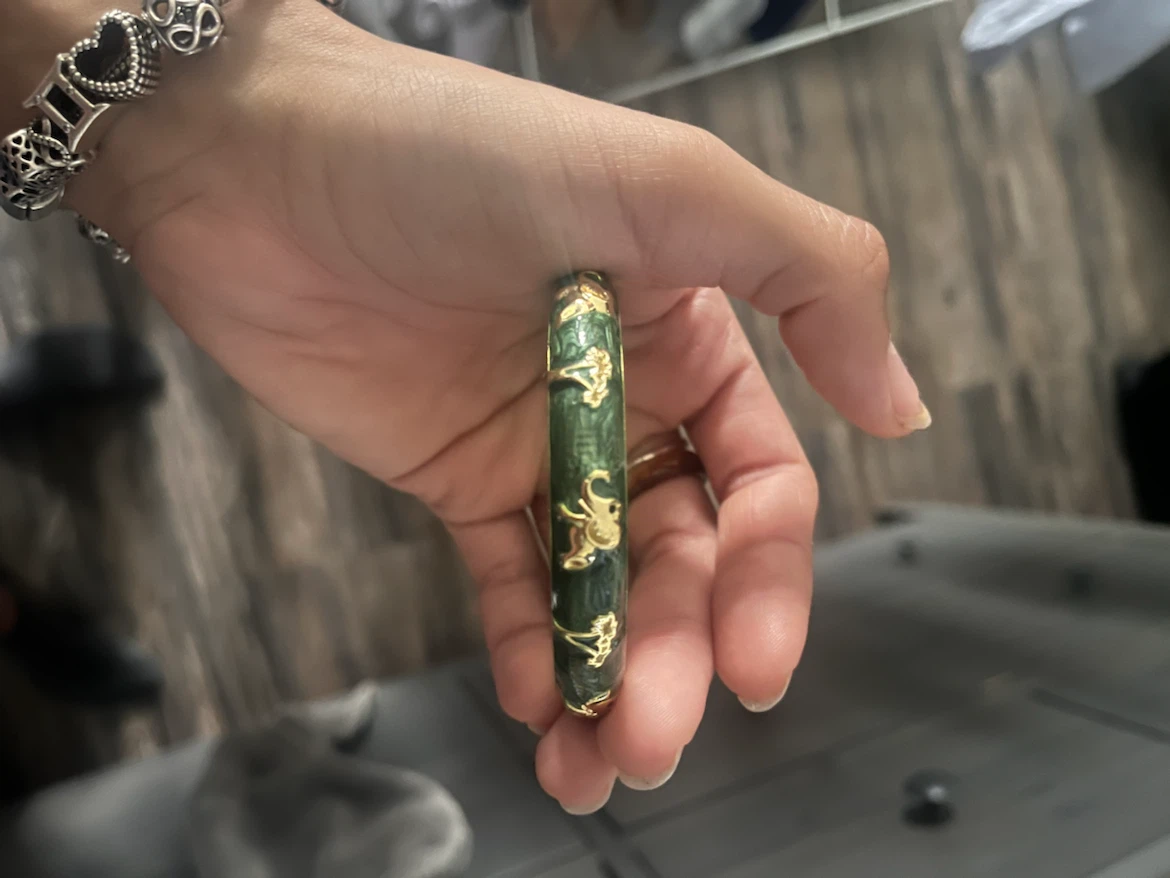 Gold Tone Green Enamel Bangle Bracelet
