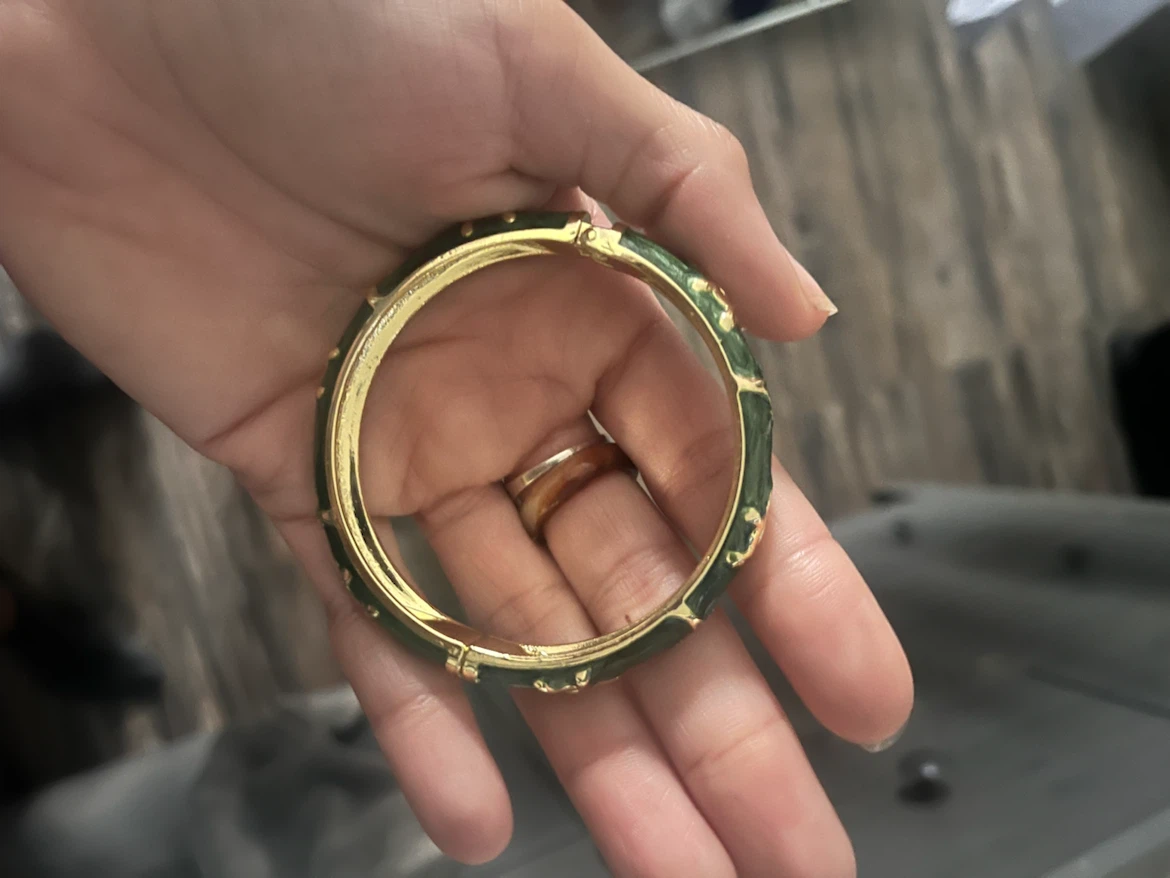 Gold Tone Green Enamel Bangle Bracelet - photo 2