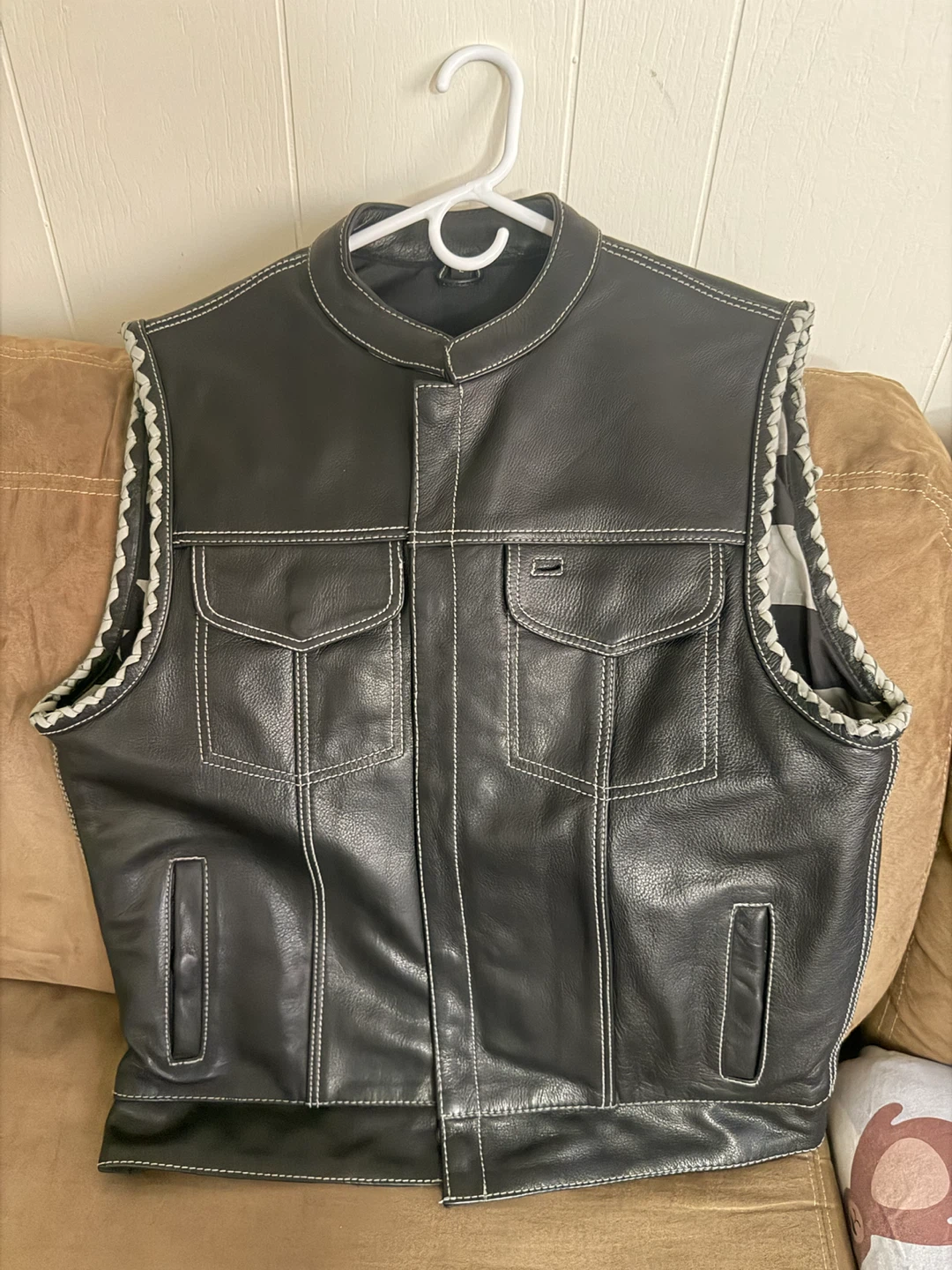 Men's Black Leather Vest Large