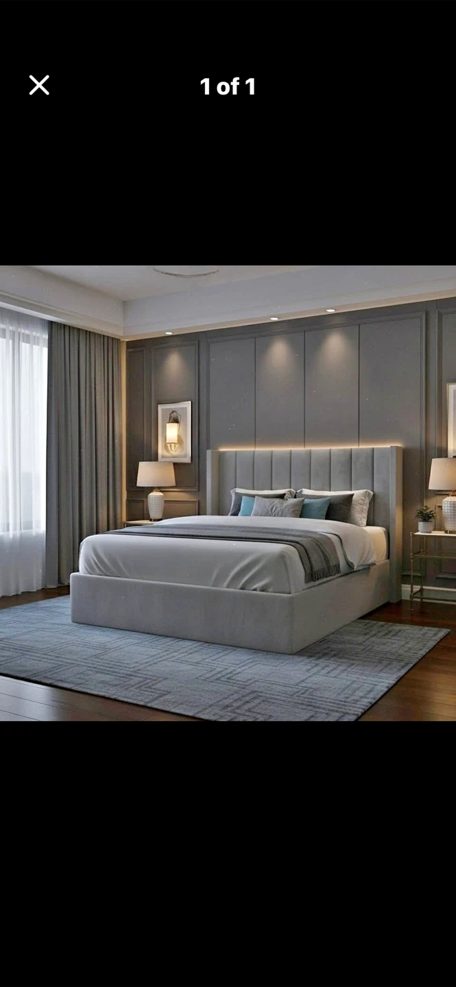 Grey Upholstered Platform Bed with LED Headboard