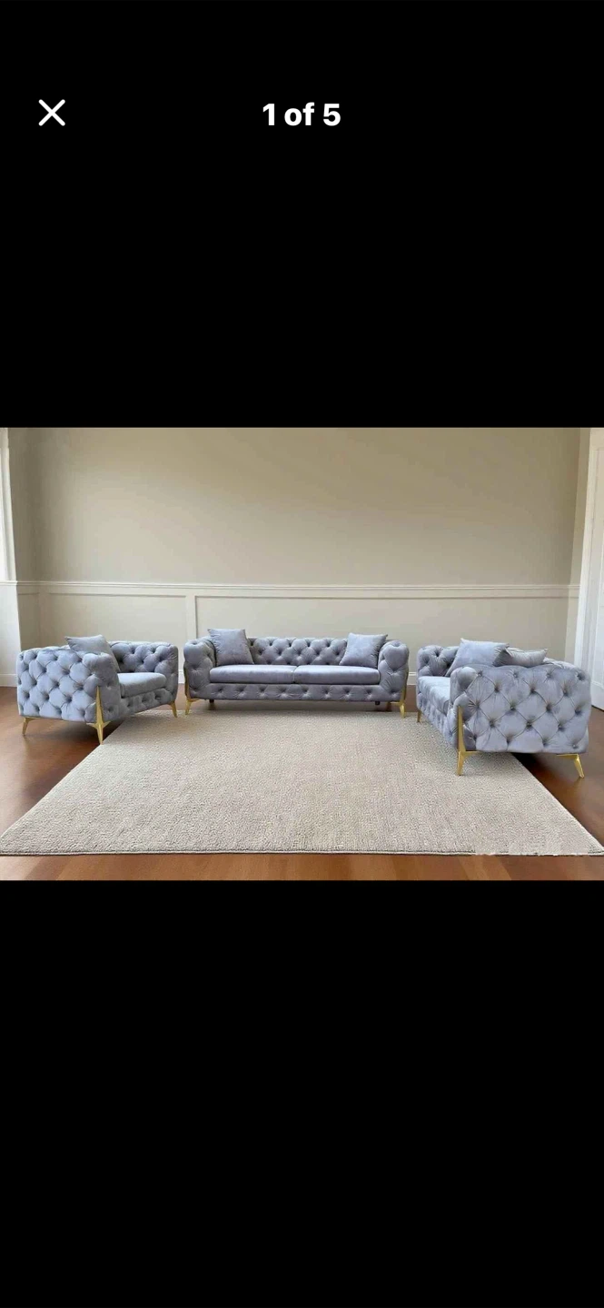 Grey Velvet Chesterfield Sofa and Armchair Set