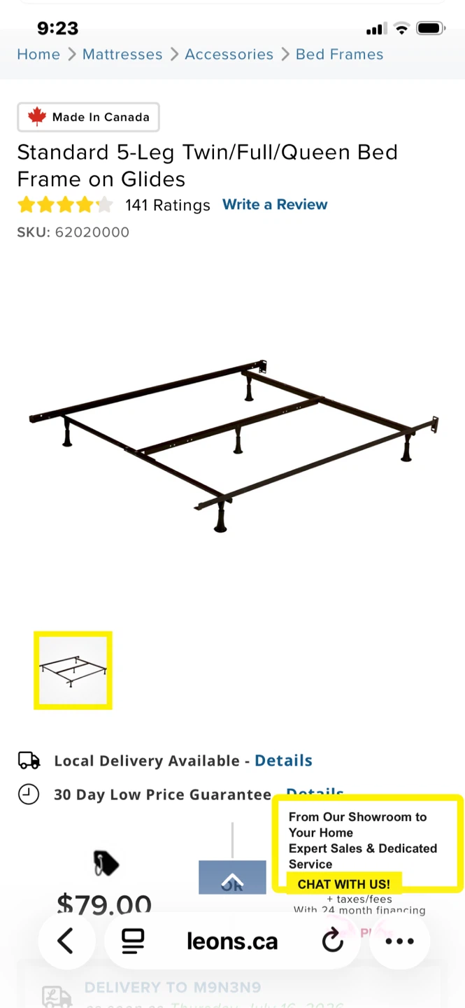 Standard 5-Leg Twin/Full/Queen Bed Frame on Glides