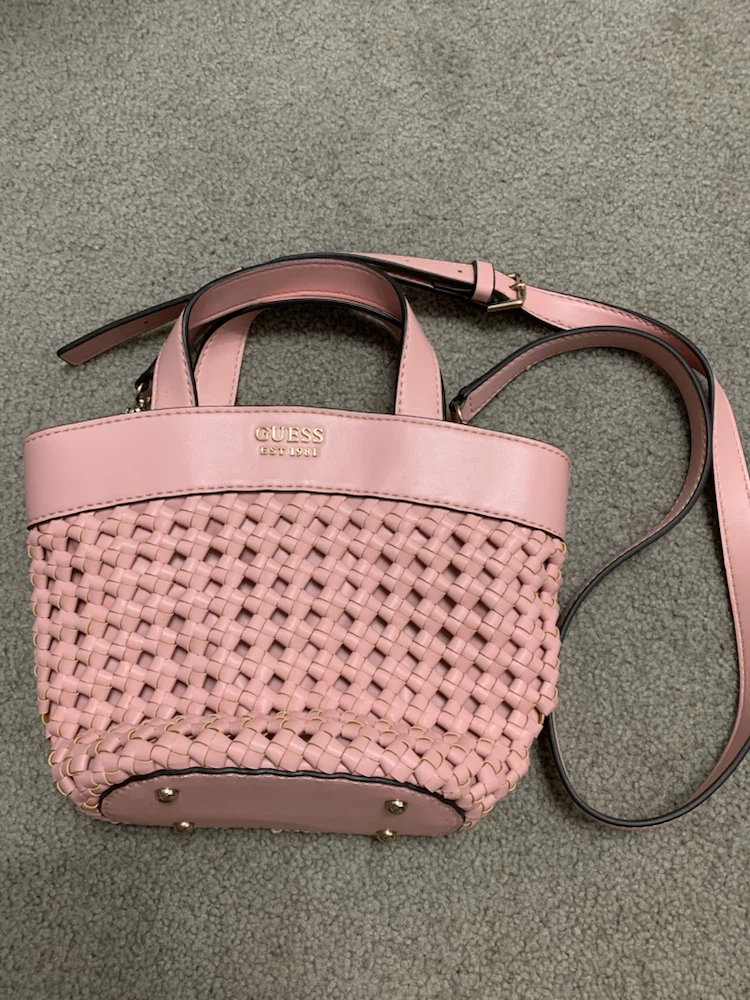Guess Pink Woven Mini Bucket Bag