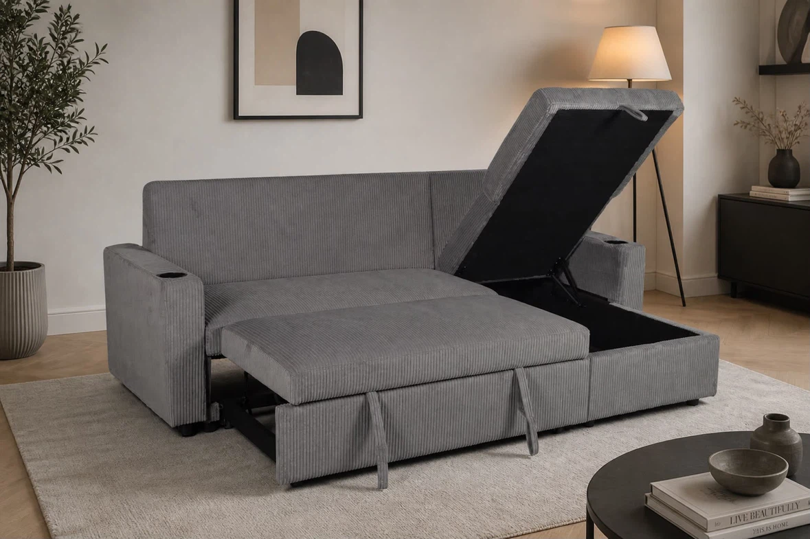 Grey Corduroy Sofa Bed with Storage