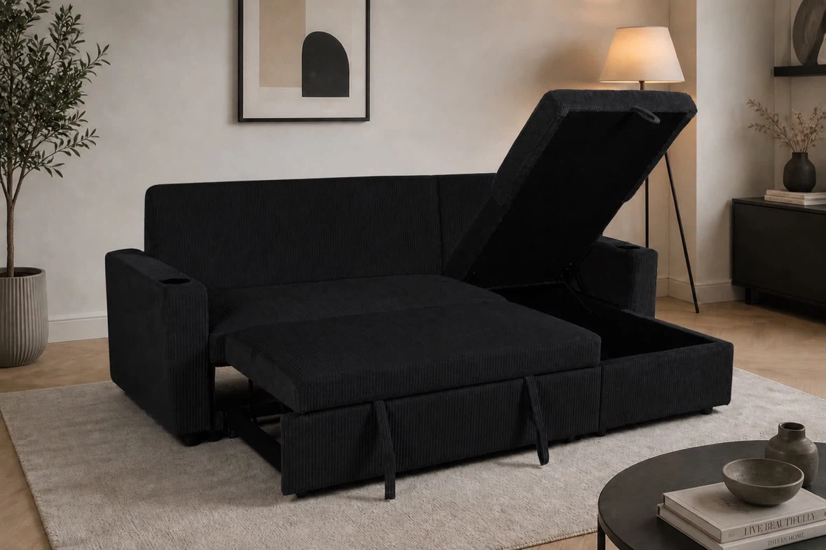 Black Corduroy Sofa with Storage