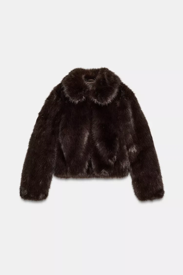 Zara Faux Fur Cropped Jacket Brown XL - photo 5
