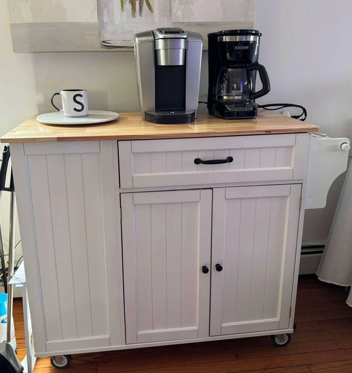 White Kitchen Island Cart with Trash Storage and Knife Holder