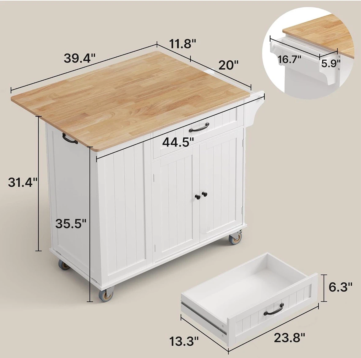 White Kitchen Island Cart with Trash Storage and Knife Holder - photo 3
