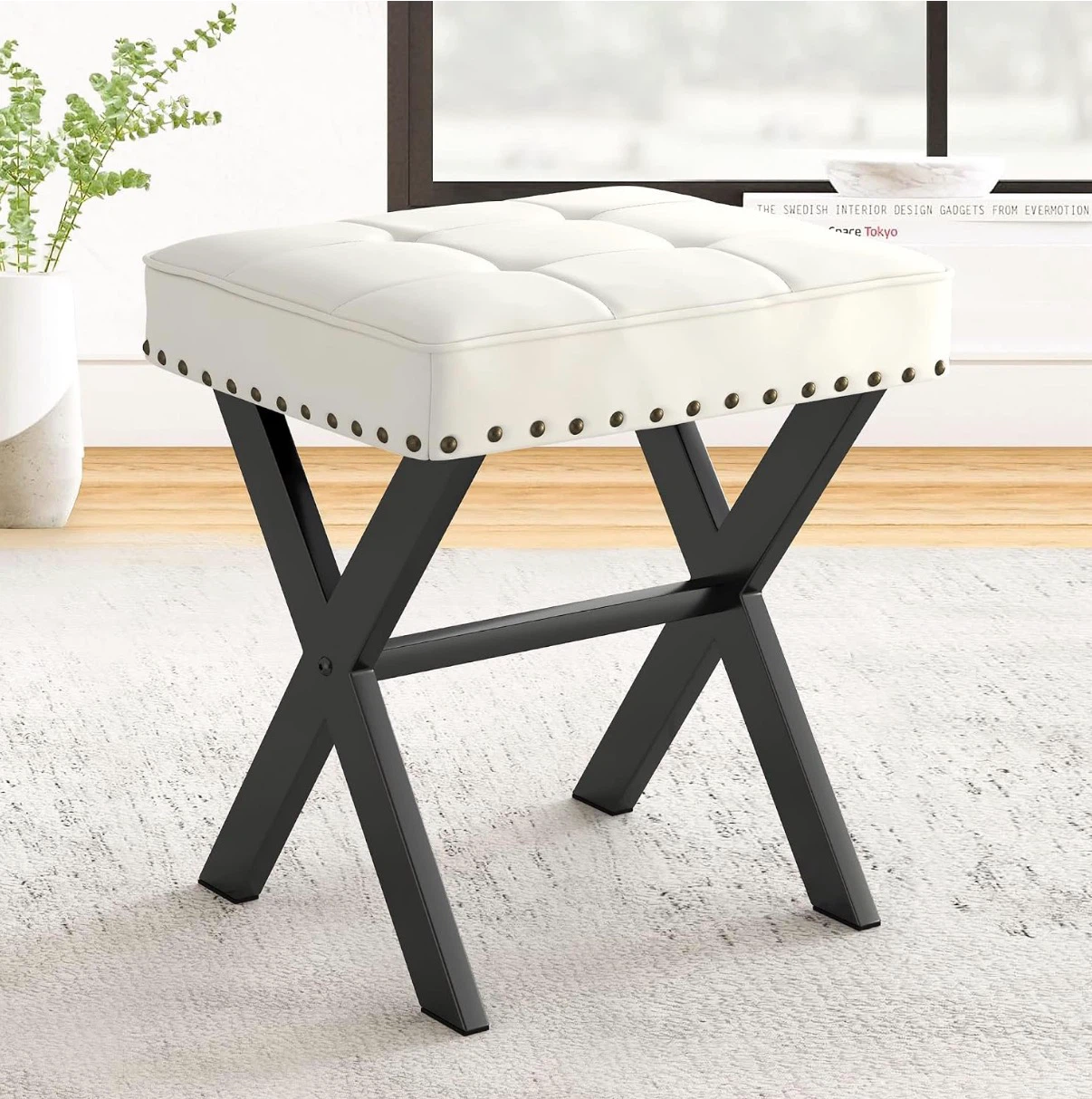 White Tufted Vanity Stool with Black X-Base