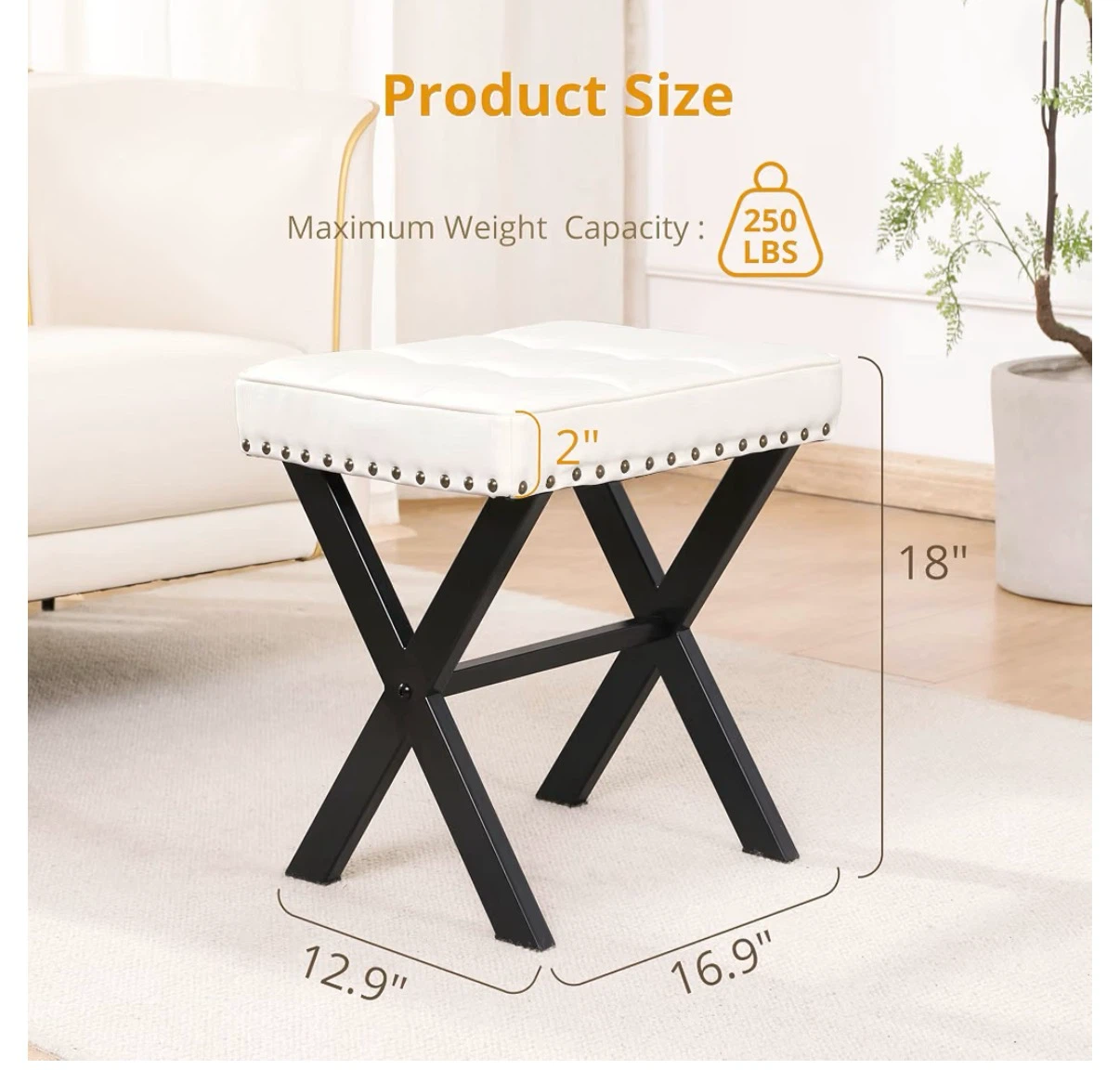 White Tufted Vanity Stool with Black X-Base - photo 2