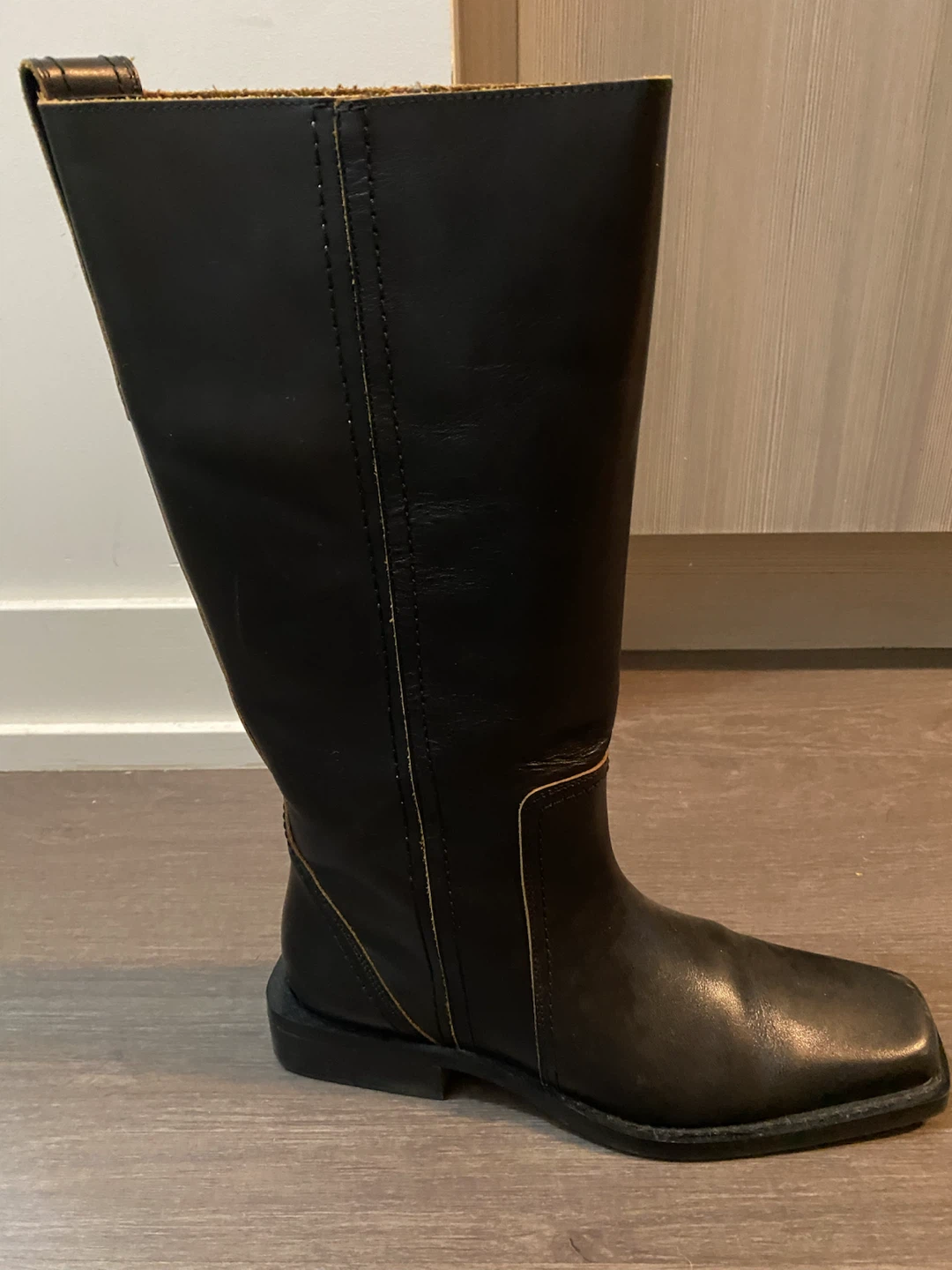 Zara Black Leather Square Toe Knee-High Boots Size 37