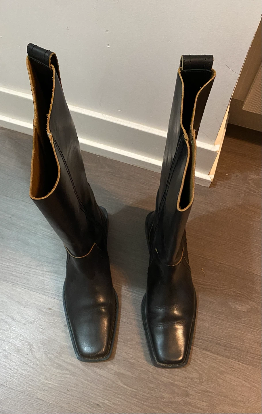 Zara Black Leather Square Toe Knee-High Boots Size 37 - photo 2