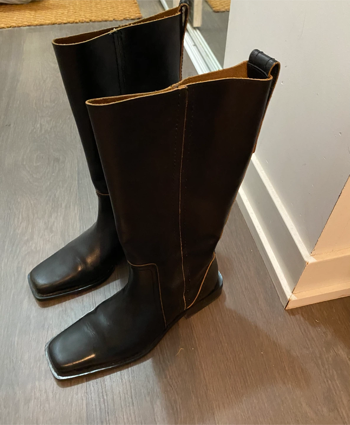 Zara Black Leather Square Toe Knee-High Boots Size 37 - photo 3