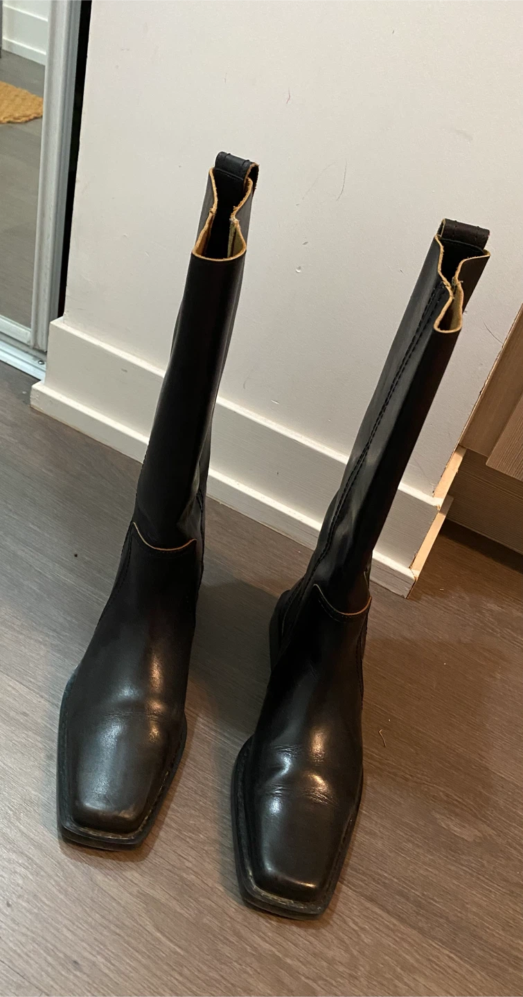 Zara Black Leather Square Toe Knee-High Boots Size 37 - photo 4