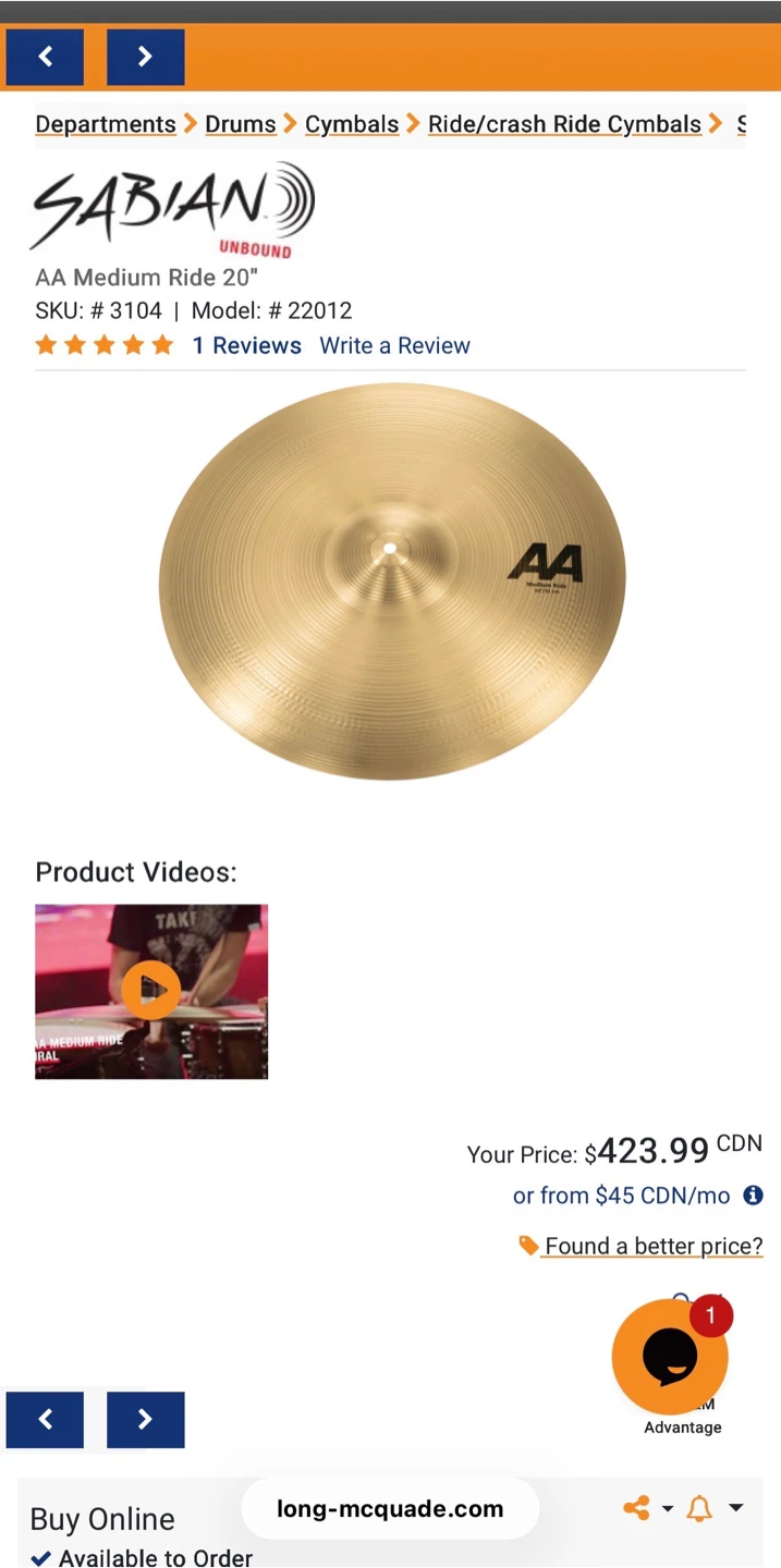 Sabian AA Medium Ride Cymbal 20"