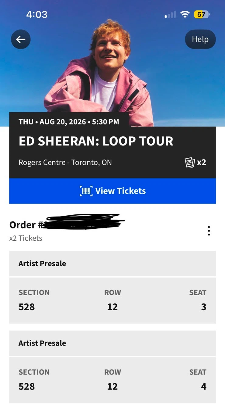 Ed Sheeran Two Tickets for 378